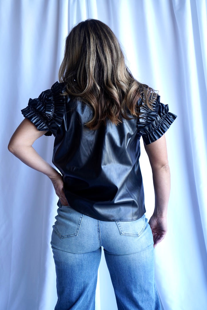 The Cotulla Ruffle Sleeve Leather Top