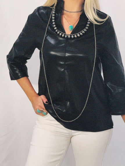 The Dovie V-Neck Faux Leather Blouse