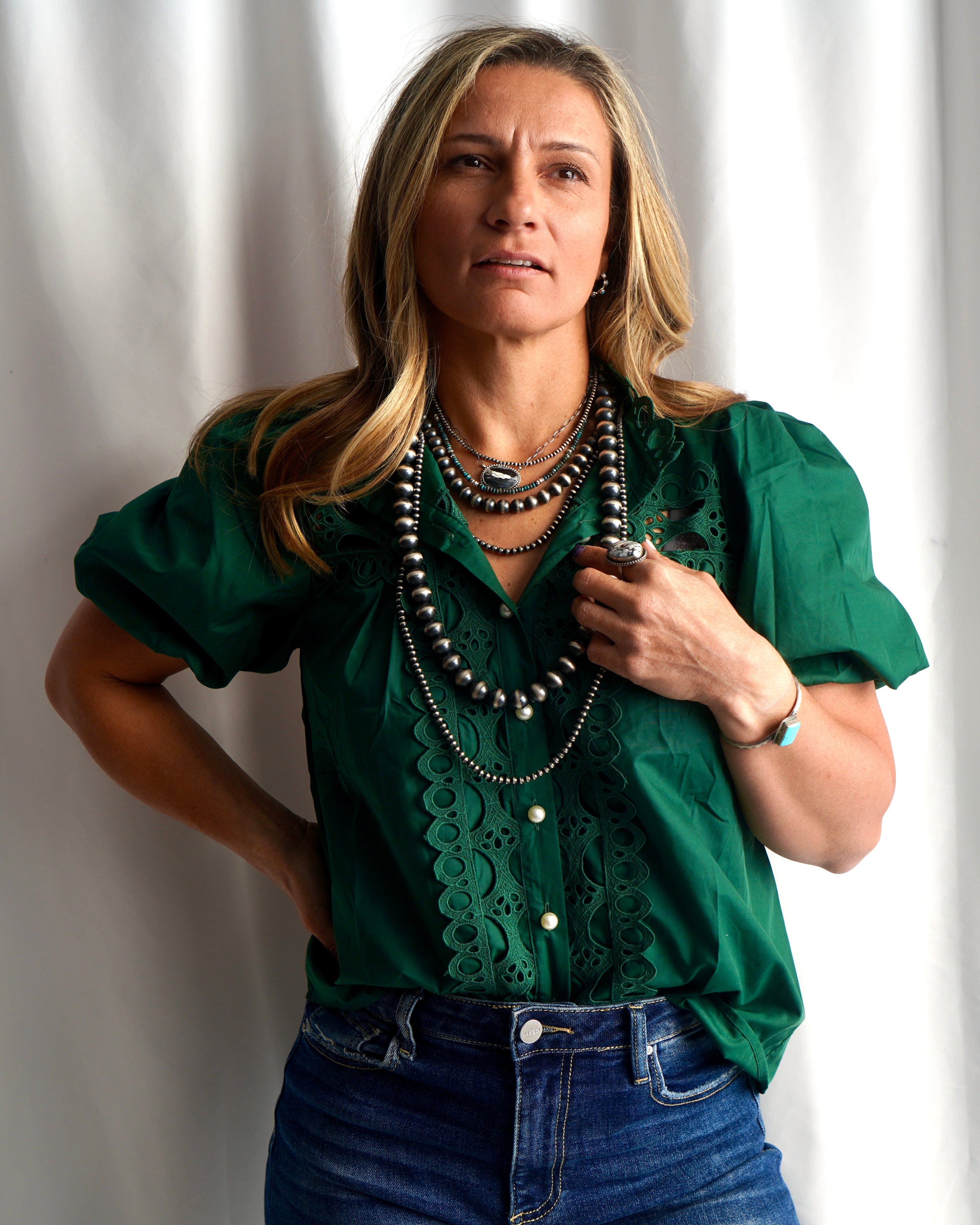 The Raven Puff Sleeve Crochet Button Up