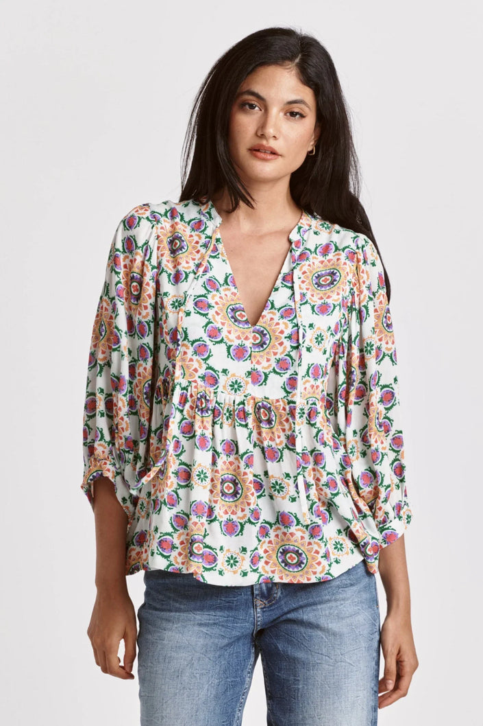 Dear John- Malia V-Neck Top- Flower Medallion