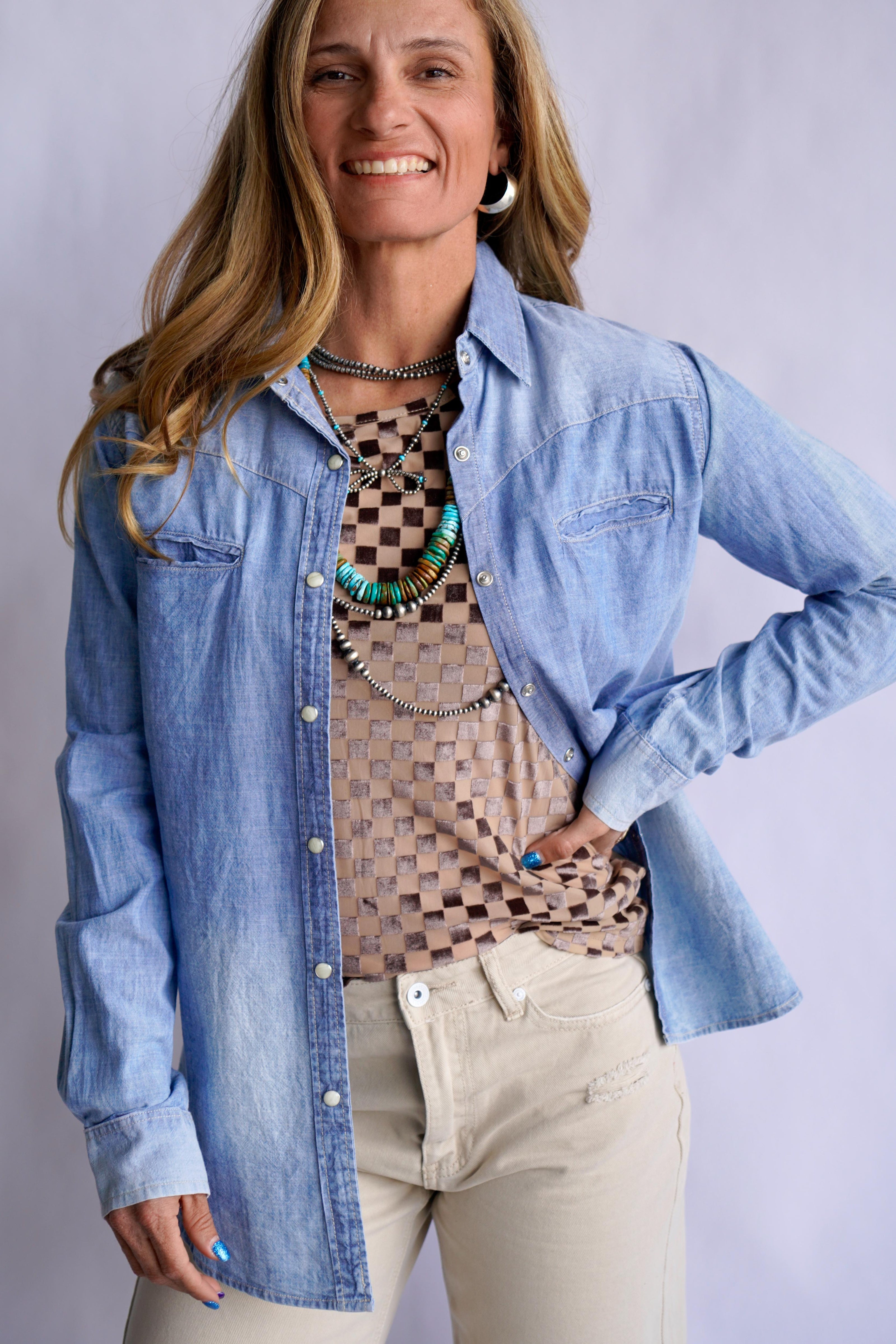 The Jamie Tooled Leather Denim Button Up
