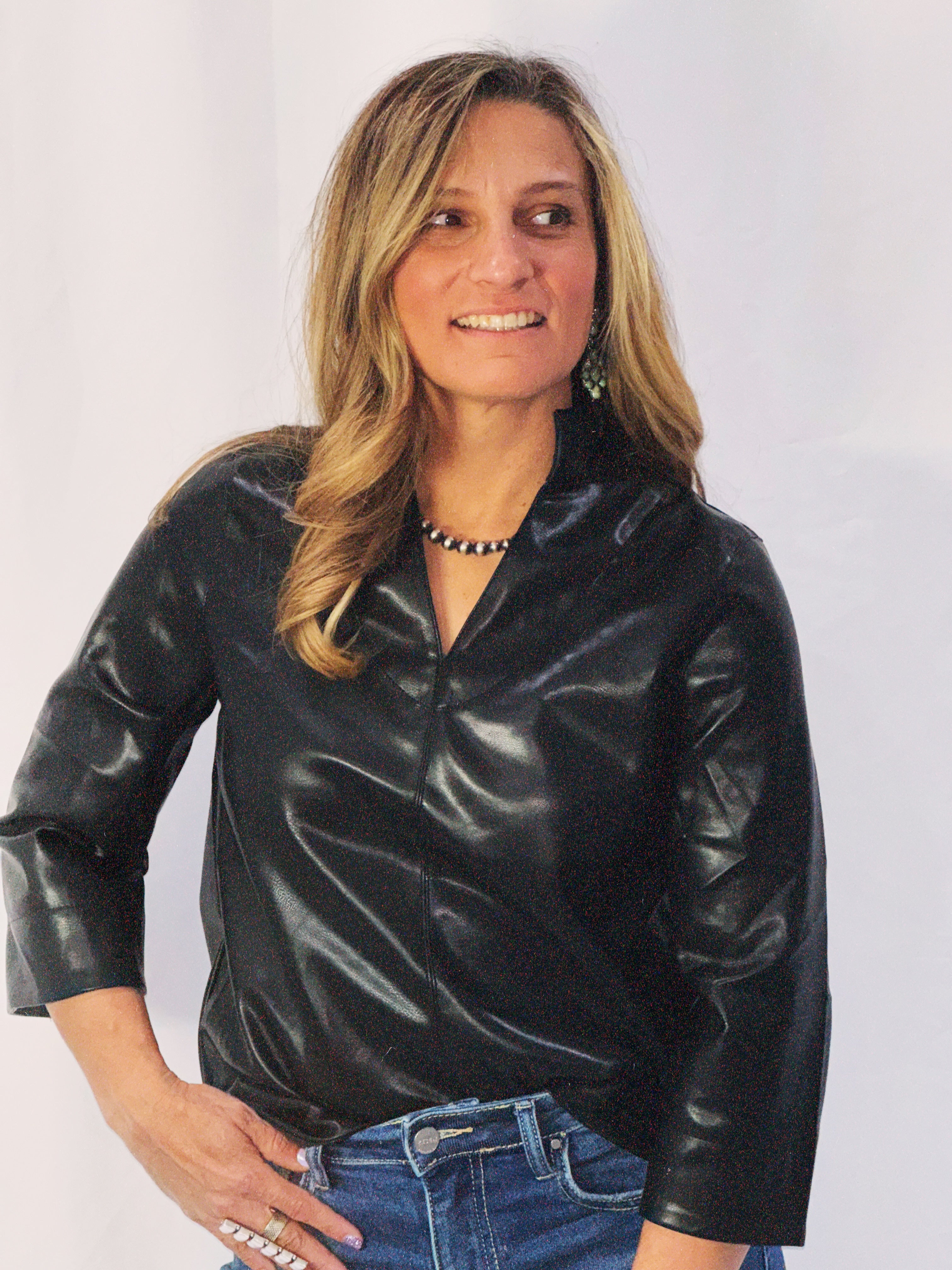 The Dovie V-Neck Faux Leather Blouse