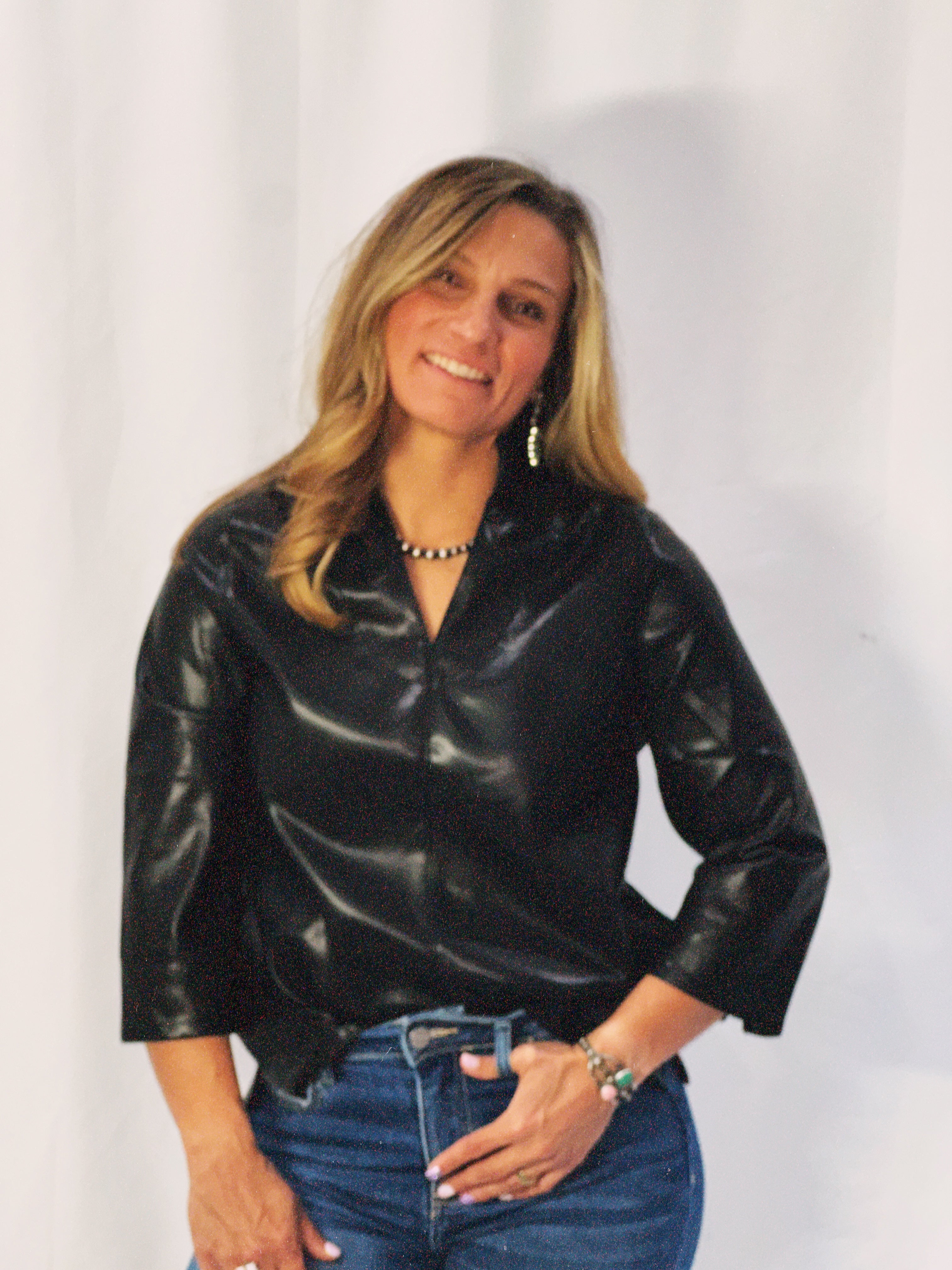 The Dovie V-Neck Faux Leather Blouse