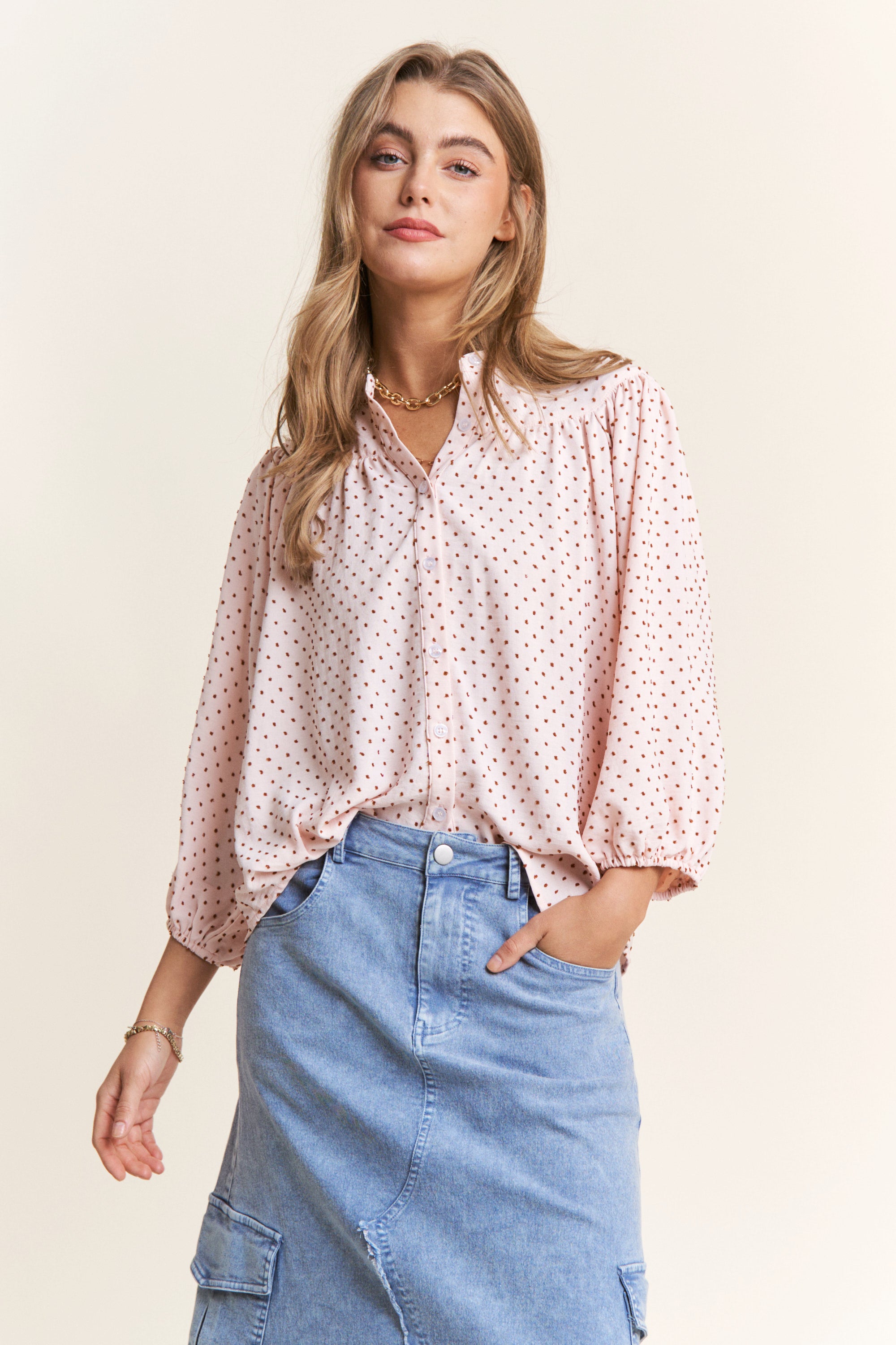 The Judit Swiss Dot Babydoll Button Up