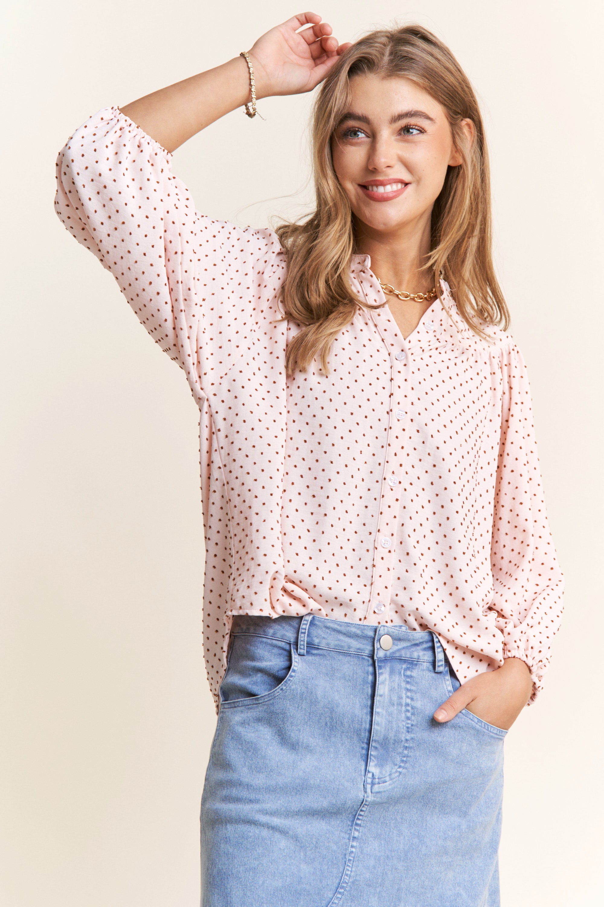 The Judit Swiss Dot Babydoll Button Up