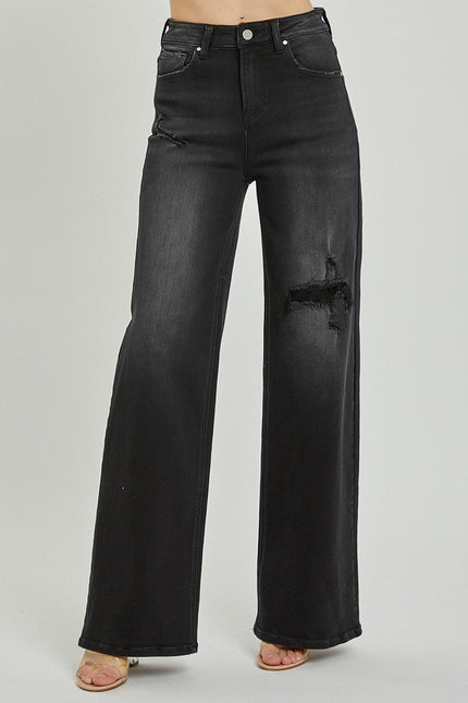 Black Distressed Wide Leg Curvy Jeans