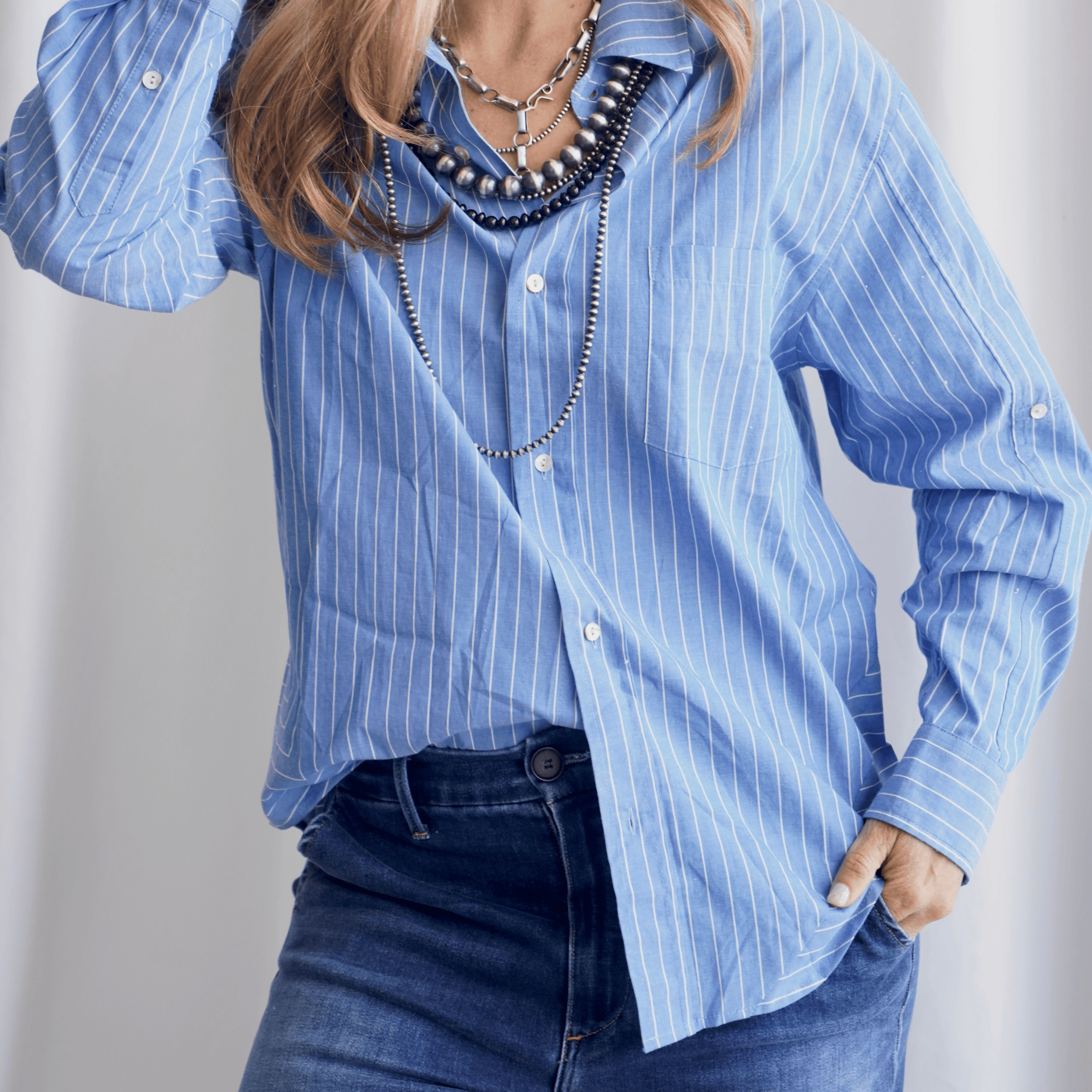 The Lola Oversized Shirt in French Blue Stripe