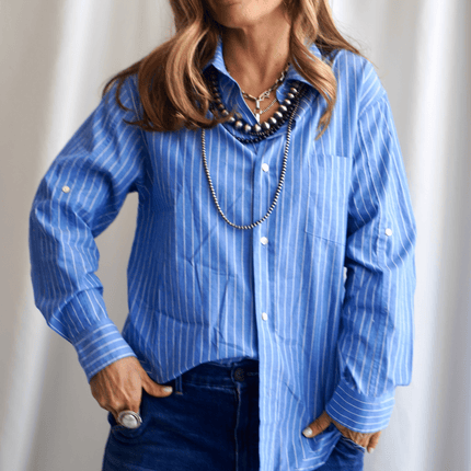 The Lola Oversized Shirt in French Blue Stripe