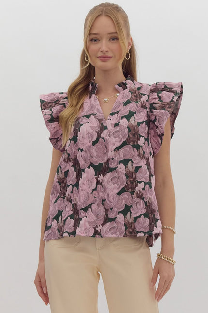 The Colby V-neck Ruffle Sleeve Floral Jacquard Top