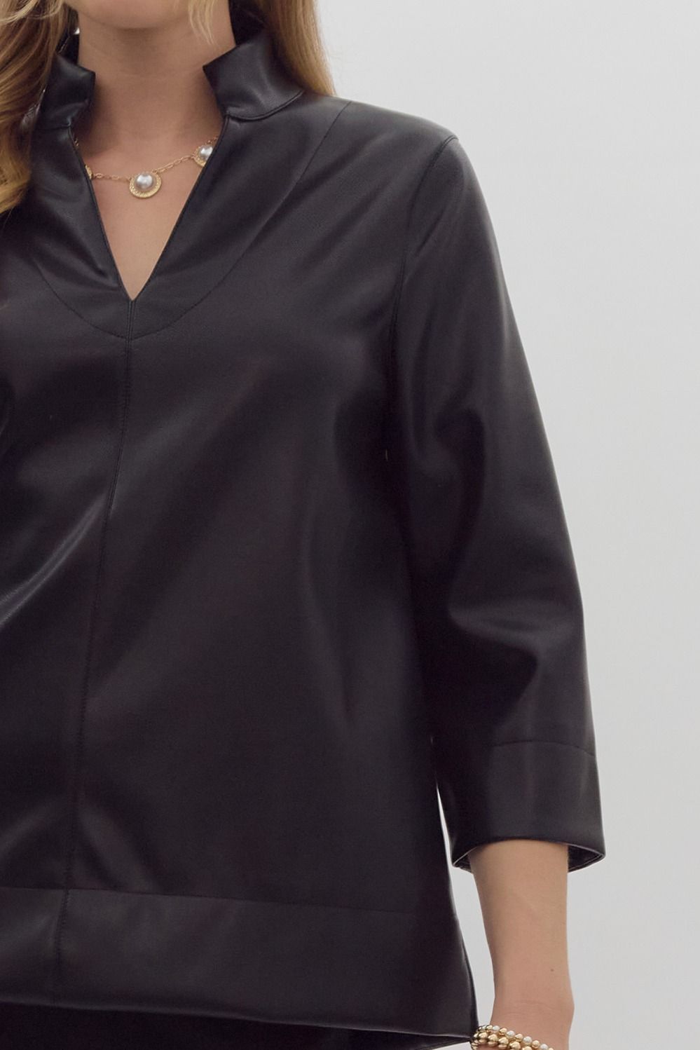 The Dovie V-Neck Faux Leather Blouse