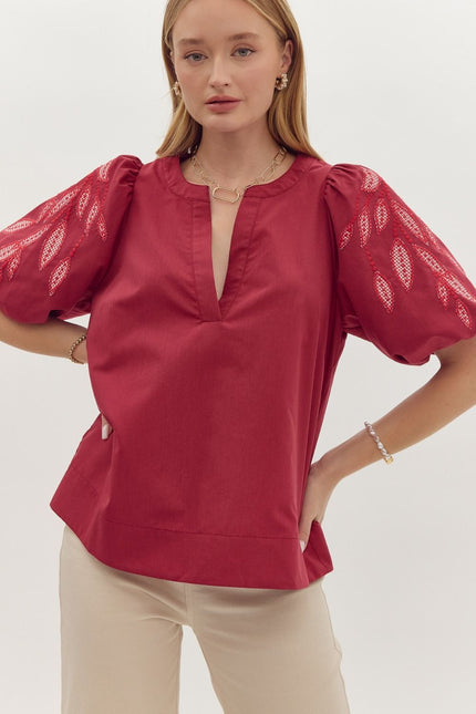 The Harlowe Solid V-neck Bubble Sleeve