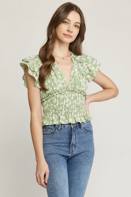 The Trip Floral Smocked Flutter Sleeve