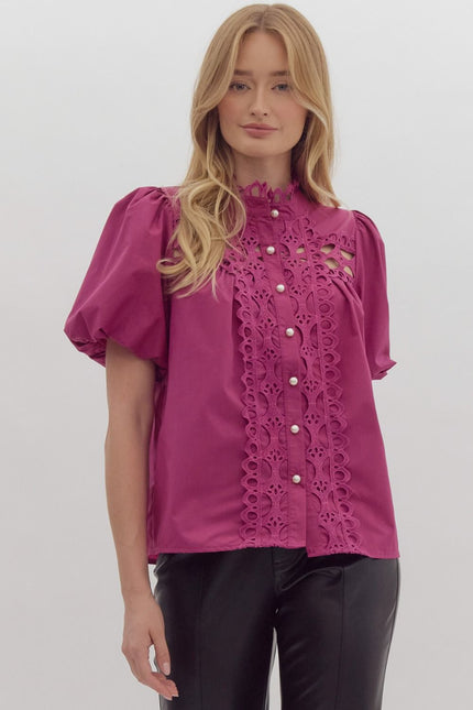 The Raven Puff Sleeve Crochet Button Up