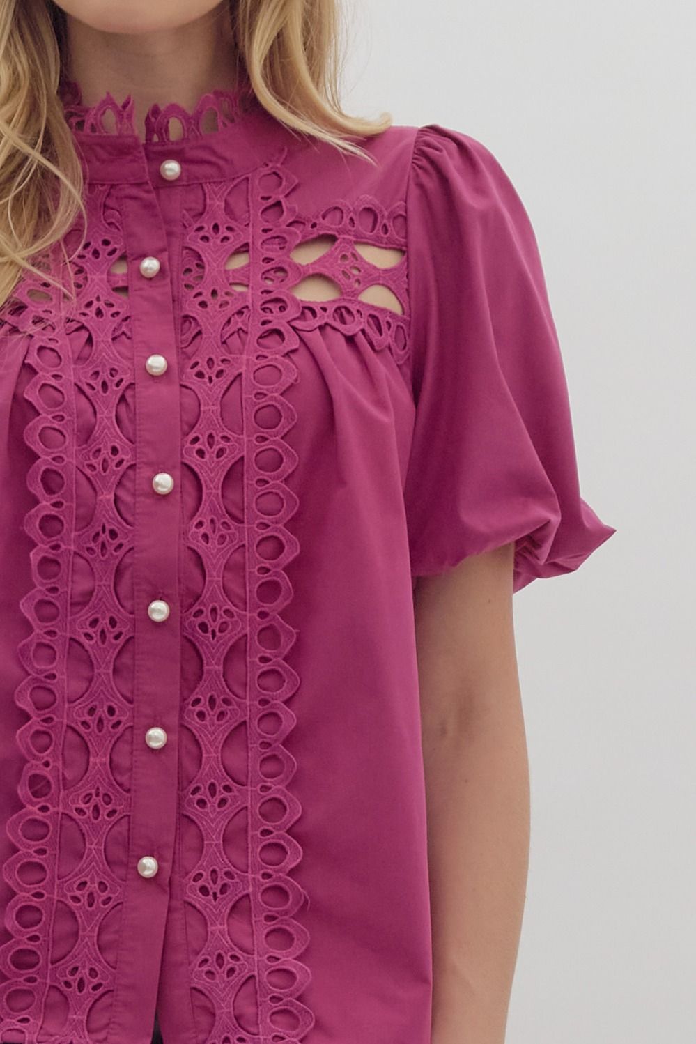 The Raven Puff Sleeve Crochet Button Up