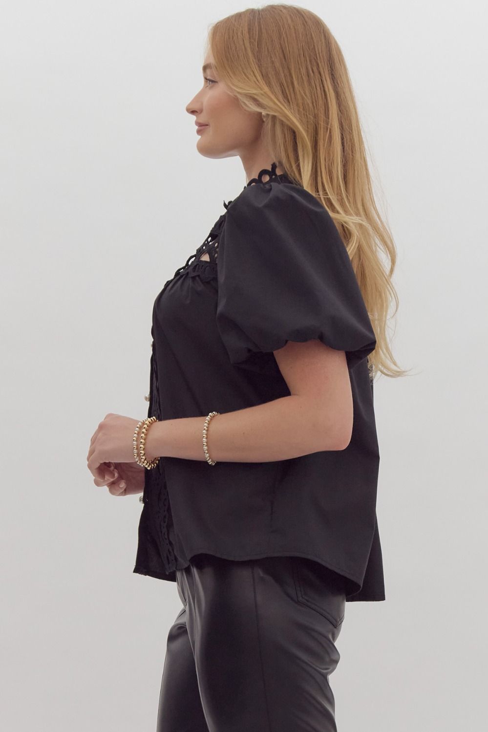 The Raven Puff Sleeve Crochet Button Up