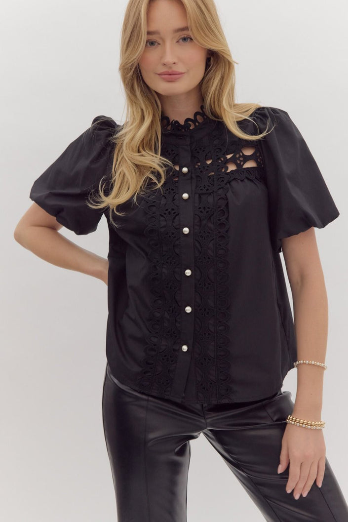 The Raven Puff Sleeve Crochet Button Up