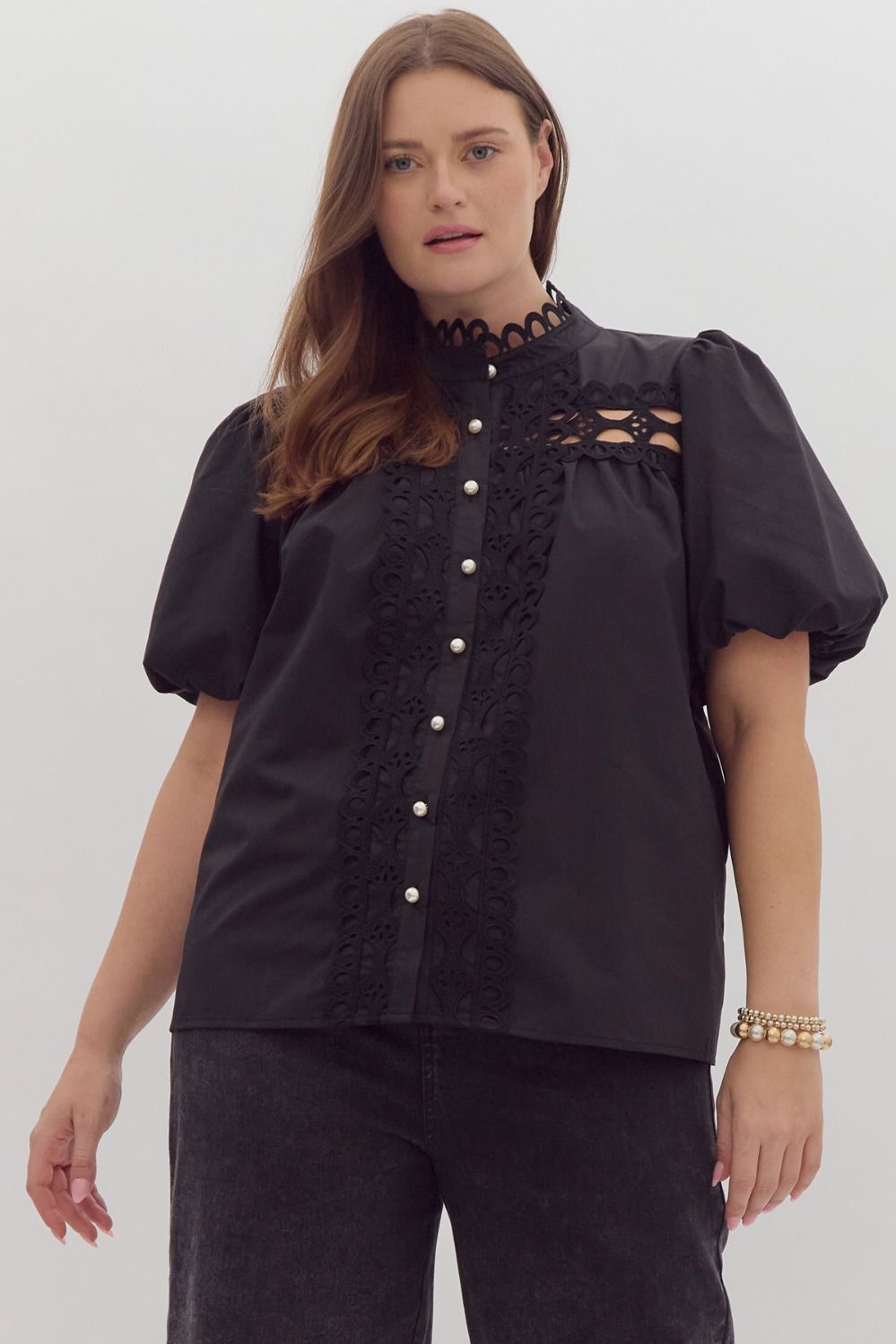 The Raven Puff Sleeve Crochet Button Up
