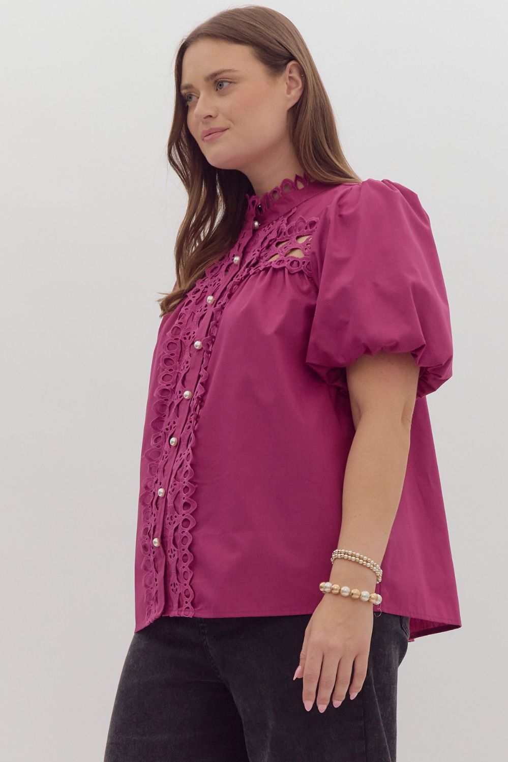 The Raven Puff Sleeve Crochet Button Up