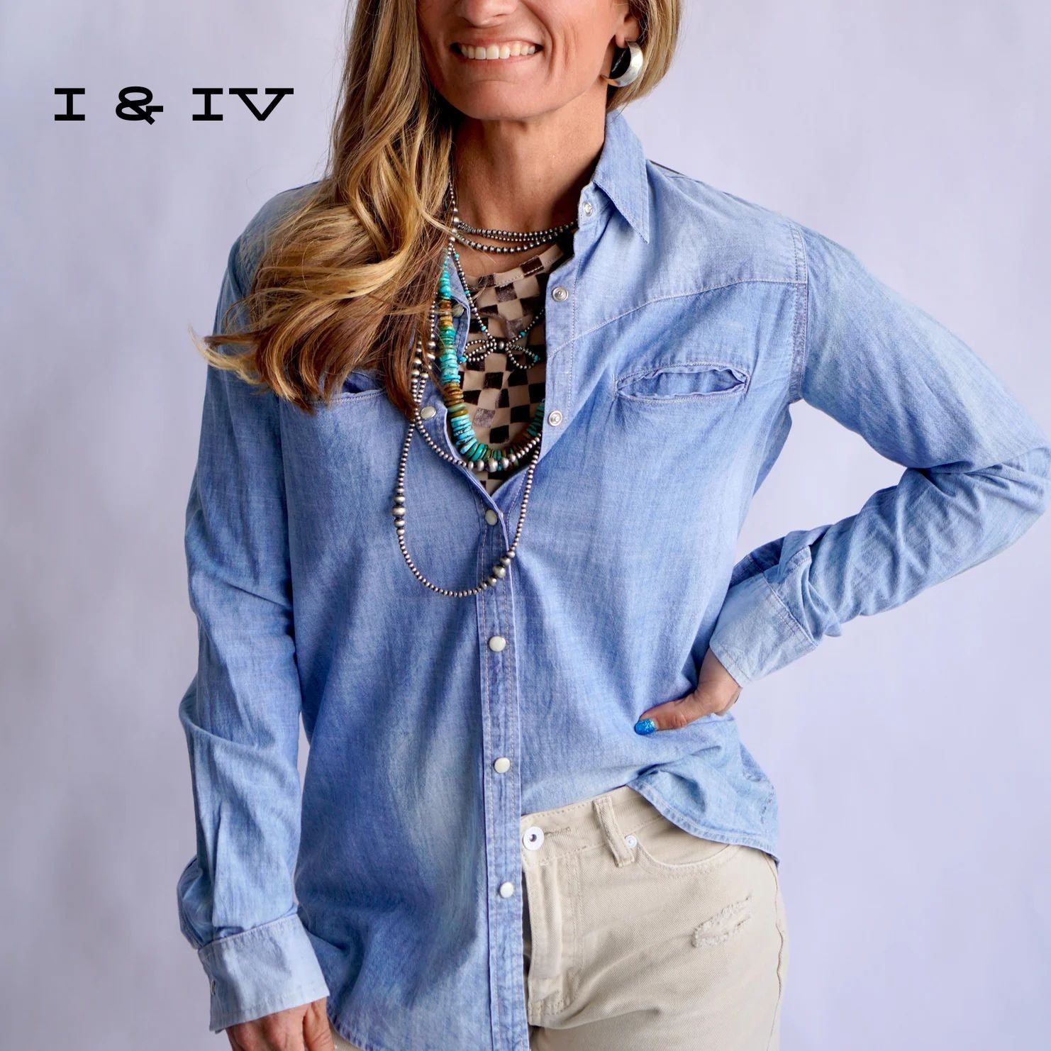The Jamie Tooled Leather Denim Button Up