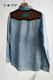 The Jamie Tooled Leather Denim Button Up